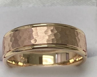 Mens Wedding Bands ,Hammered Finish Mens Wedding Ring, Two Tone Gold Wedding Bands, 7mm 10K 14K 18K Yellow and Rose Gold Wedding Bands