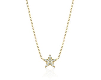 Small Diamond Star Necklace, 14K Yellow Solid Gold Star Necklace, Dainty Star Necklace, Minimalist Star Necklace, Diamond Necklace