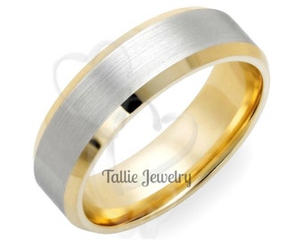 Two Tone Gold Wedding Bands, Beveled Edge Mens Wedding Rings , 6mm 10K 14K 18K White and Yellow Gold Mens Wedding Bands, His and Hers Rings