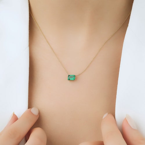 4mm Gift 14K Yellow Gold Emerald Cut Natural Emerald Pendant Necklace 18" 