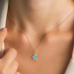 Turquoise Star Necklace, 14K Solid Yellow Gold Star Necklace, Layering Necklace, Minimalist Turquoise Star Pendant, Turquoise Necklace