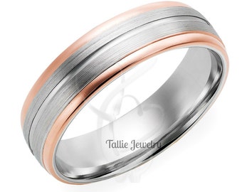 Two Tone Gold Mens Wedding Bands, 6mm 10K 14K 18K White and Rose Gold Mens and Womens Wedding Rings, His and Hers Rings, Two Tone Rings