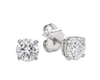 14K Solid White Gold Diamond Earrings, 1 Carat Round Lab Grown Diamond Stud Earrings, Push Back Stud Gold Earrings