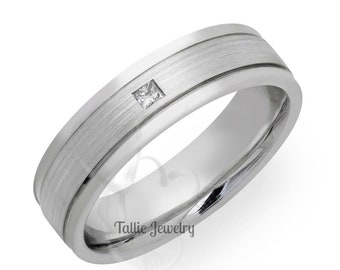 Diamond Mens Wedding Band, Princess Cut Diamond Mens Wedding Ring,  6mm 10K 14K 18K Solid White Gold Wedding Bands