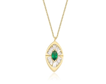 Marquise Emerald Necklace, 14K Solid Yellow Gold Emerald Solitaire Necklace, Dainty Eye Shape Emerald Necklace, Green Emerald, Gemstone