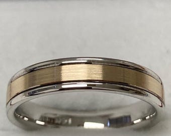 4mm 10K 14K 18K Solid White and Yellow Gold Wedding Bands, Satin Finish Mens and Womens Wedding Rings, Two Tone Gold Wedding Bands