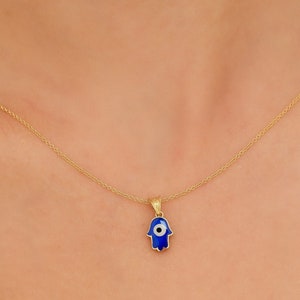 14K Solid Yellow Gold Hamsa Necklace,  Evil Eye Necklace, Hamsa Pendant, Blue Enamel Hamsa Necklace, Small Hamsa Charm
