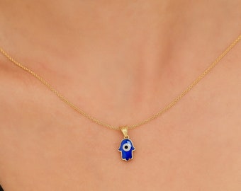 14K Solid Yellow Gold Hamsa Necklace,  Evil Eye Necklace, Hamsa Pendant, Blue Enamel Hamsa Necklace, Small Hamsa Charm