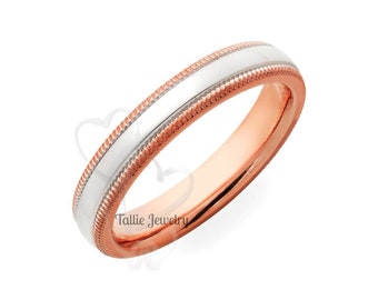 Two Tone Gold Wedding Bands, Polished Milgrain Wedding Ring for Men and Women,  4mm,10K 14K Solid White and Rose Gold Wedding Bands