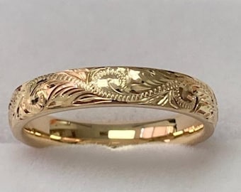 Hand Engraved Wedding Band for Mens and Womens ,Hand Engraved Weeding Ring ,3mm 10K 14K 18K Solid Yellow Gold Wedding Bands