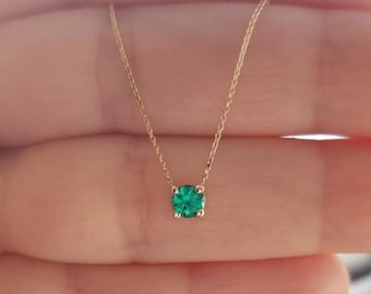 Emerald Necklace, 14K Gold Emerald Solitaire Necklace, 5mm Round Emerald Necklace, May Birthstone, Green Emerald, Gift for Her, Gemstone