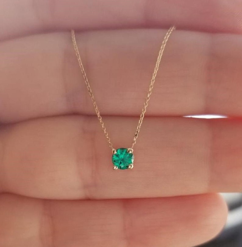 Emerald Necklace, 14K Gold Emerald Solitaire Necklace, 4mm Round Emerald Necklace, May Birthstone ,Green Emerald, Gift for Her, Gemstone 