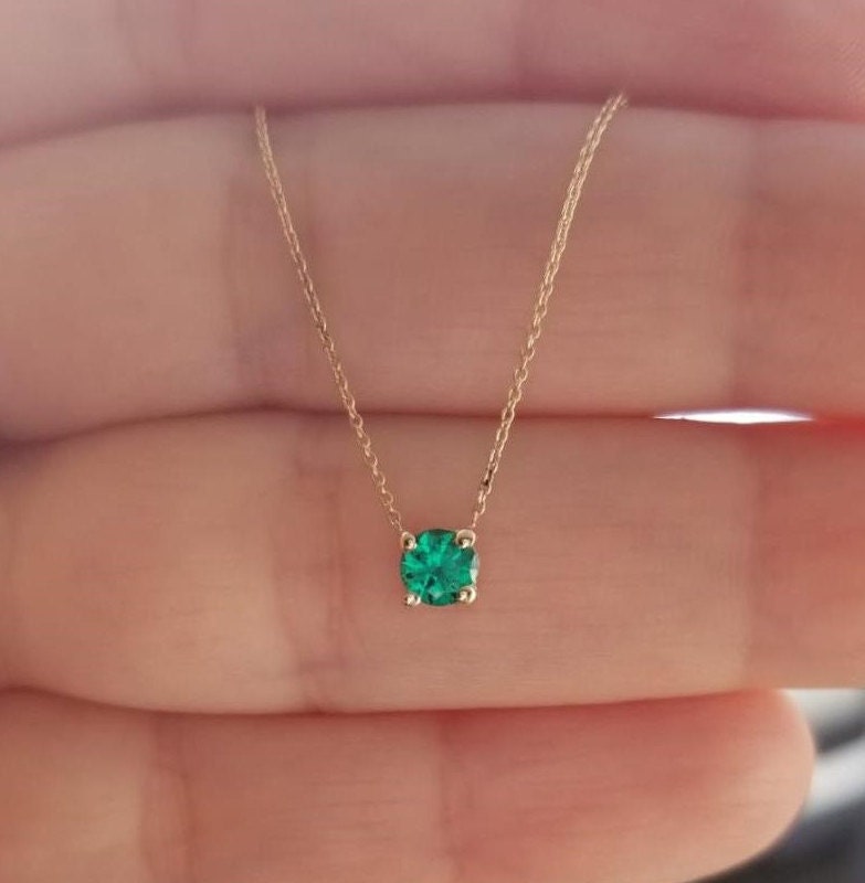Emerald Necklace 14K Gold Emerald Solitaire Necklace 5mm