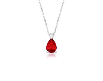 14K Solid White Gold Ruby  Solitaire Necklace ,Diamond Necklace, Pear Shape Ruby Necklace, July Birthstone, Gemstone Necklace