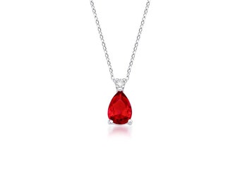 14K Solid White Gold Ruby  Solitaire Necklace ,Diamond Necklace, Pear Shape Ruby Necklace, July Birthstone, Gemstone Necklace