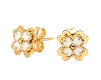 14K Solid Yellow Gold Clover Earrings, Mother of Pearl Daisy Flower Earrings, Stud Earrings