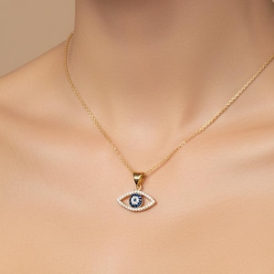 14K Yellow Gold Evil Eye Necklace, Evil Eye Pendant, Eye Shape Evil Eye Necklace, Evil Eye Charm