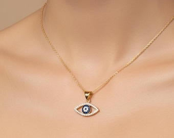 14K Yellow Gold Evil Eye Necklace, Evil Eye Pendant, Eye Shape Evil Eye Necklace