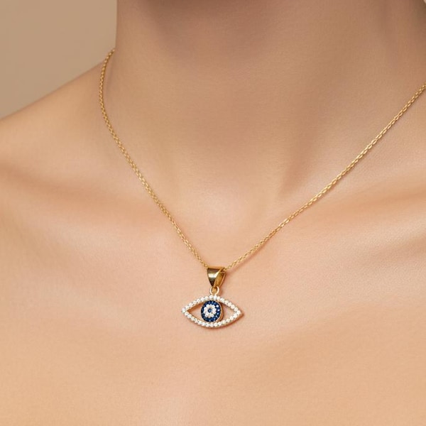 14K Yellow Gold Evil Eye Necklace, Evil Eye Pendant, Eye Shape Evil Eye Necklace, Evil Eye Charm