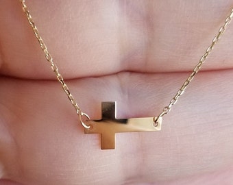 Small Sideways Cross Necklace, 14K Solid Yellow Gold Cross Necklace, Crucifix Cross Necklace in 14K Gold, Minimalist Cross Necklace