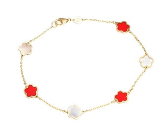 14K Yellow Gold Blossom Bracelet, Mother of Pearl and Red Coral Blossom Station Bracelet, Daisy Flower Bracelet, Four Leaf Clover Bracelet