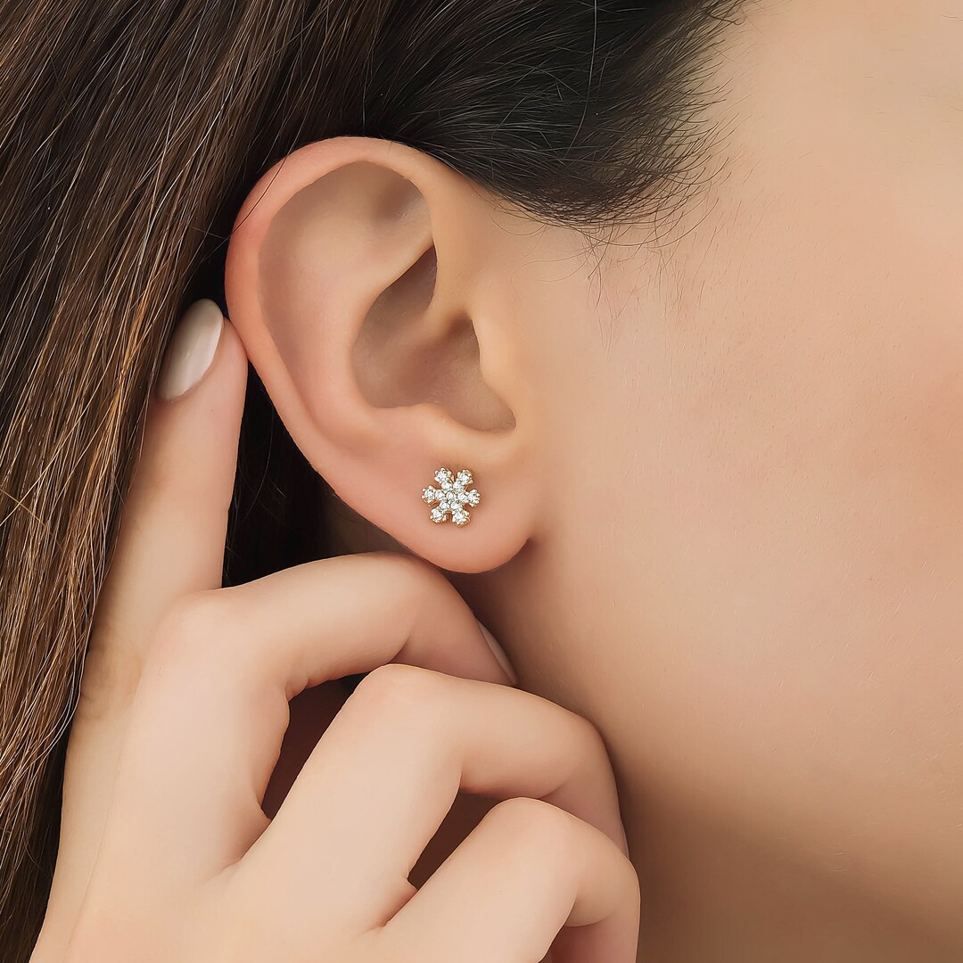 14K Solid Yellow Gold Snowflakes Earrings, Diamond Cz Snowflakes