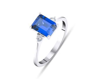 14K White Gold Emerald Cut Sapphire and Diamond Ring, 1.75 Carat Sapphire Ring ,Engagement Rings,  Womens Wedding Rings, Diamond Rings