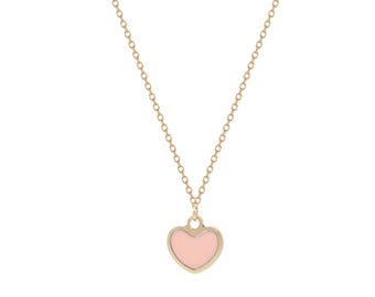14K Solid Yellow Gold Minimalist Pink Heart Necklace, Small Heart Necklace