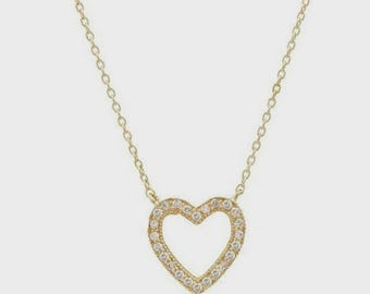 14K Solid Yellow Gold Diamond Heart Necklace, Natural Diamond Open Heart Necklace