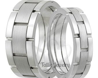 Handmade His and Hers Wedding Bands,  Matching Wedding Rings Set , 10K 14K 18K  White Gold Mens and Womens Wedding Bands