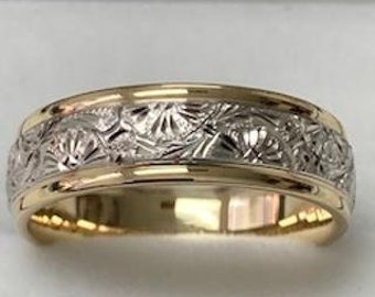 6mm 10K 14K 18K White and Yellow Gold Hand Engraved Wedding Band, Mens and Womens Hand Engraved Wedding Ring, Two Tone Gold Wedding Bands
