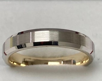 Two Tone Gold Wedding Bands, Satin Finish Beveled Edge Mens and Womens Wedding Rings , 4mm 10K 14K 18K White and Yellow Gold Wedding Bands