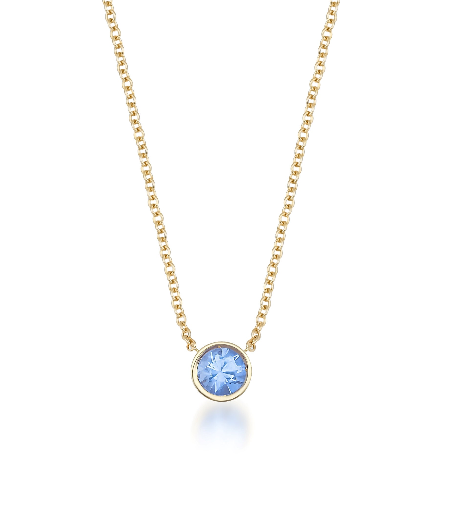 14K Solid Yellow Gold Solitaire Aquamarine Necklace, 4mm Bezel Set