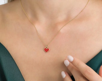 Heart Necklace, 14K Solid Yellow Gold Red Coral Heart Necklace, Heart Pendant, Minimalist Heart Necklace, Valentines Days Gifts, Heart Charm