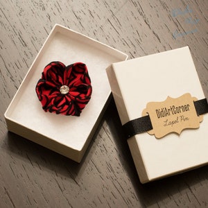 Red Geranium Kanzashi Lapel Pin: Wedding Boutonniere with Swarovski Crystal
