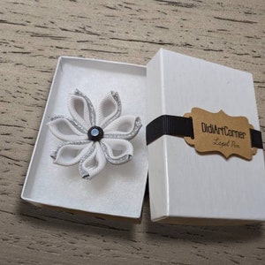 White and Silver Kanzashi Flower Lapel Pin, Wedding Boutonniere