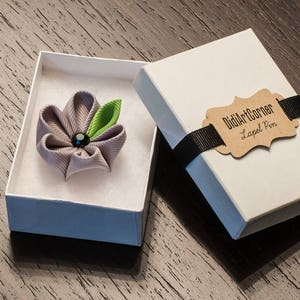 Silver Gray Kanzashi Flower Lapel Pin with Black Crystal