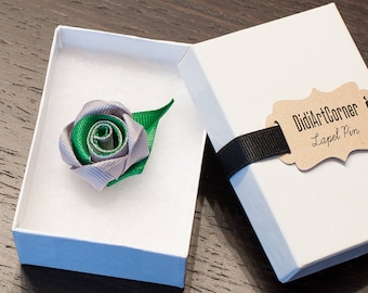 Rose Lapel Pin / Rose Boutonniere / lapel pin flower / Men's Lapel Pin / Gray and Emerald Green / lapel pins men