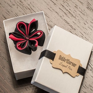 Kanzashi Flower Lapel Pin: Light Azalea & Black with Swarovski Crystal