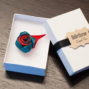 Red and Teal Rose Lapel Pin / Rose Boutonniere / Men's Lapel Pin / Teal and Red Rose Lapel Pin