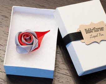 Rose Lapel Pin / Rose Boutonniere / lapel pin flower / Men's Lapel Pin / Gray and Red Rose Lapel Pin / lapel pins men