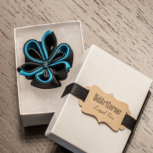 Mens Kanzashi Flower Lapel Pin: Oasis Black, Swarovski Crystal
