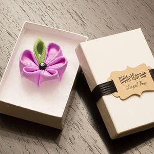Orchid Kanzashi Flower with Green Leaf Lapel Pin with Black Crystal