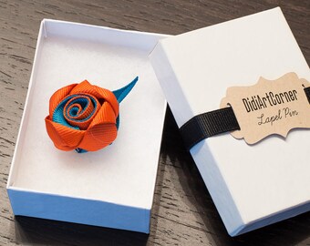 Oasis Teal and Antique Orange Rose Lapel Pin, Brooch Flower Pin, Wedding Boutonniere