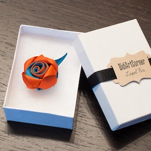 Oasis Teal and Antique Orange Rose Lapel Pin, Brooch Flower Pin, Wedding Boutonniere