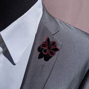 Mens lapel pin, Dark Red and Black Colorful Kanzashi Flower Lapel Pin with Swarovski Crystal