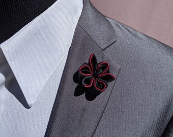 Mens lapel pin, Dark Red and Black Colorful Kanzashi Flower Lapel Pin with Swarovski Crystal