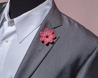 Lotus Flower Lapel Pin / Lotus  Kanzashi Inspired Flower Lapel Pin with Button / Mens Lapel Pin