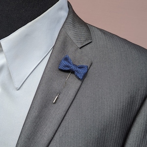 Navy Blue Lapel Bow Tie Pin, Men's Bow Tie Lapel Pin, Groom Blue Wedding Boutonniere image 1