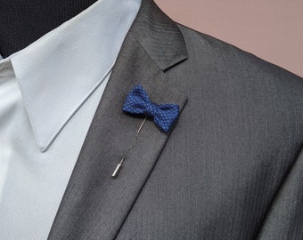 Navy Blue Lapel Bow Tie Pin, Men's Bow Tie Lapel Pin, Groom Blue Wedding Boutonniere